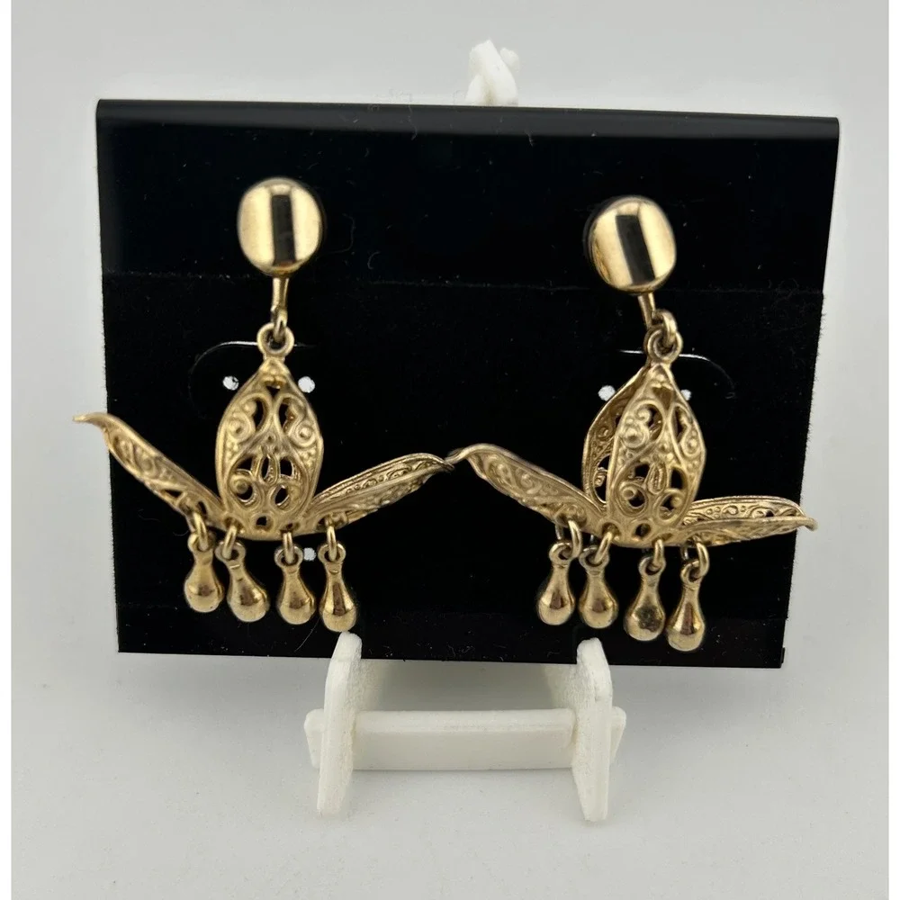 Vintage Signed Alice Elegant Gold Tone‎ Dangle Earrings Ornate Filigree Design
